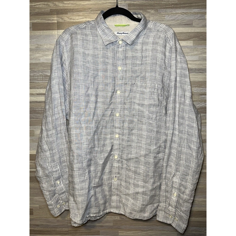 Tommy Bahama 100% Linen Shirt Mens  L Gray White Plaid Long Sleeve Button Up #M